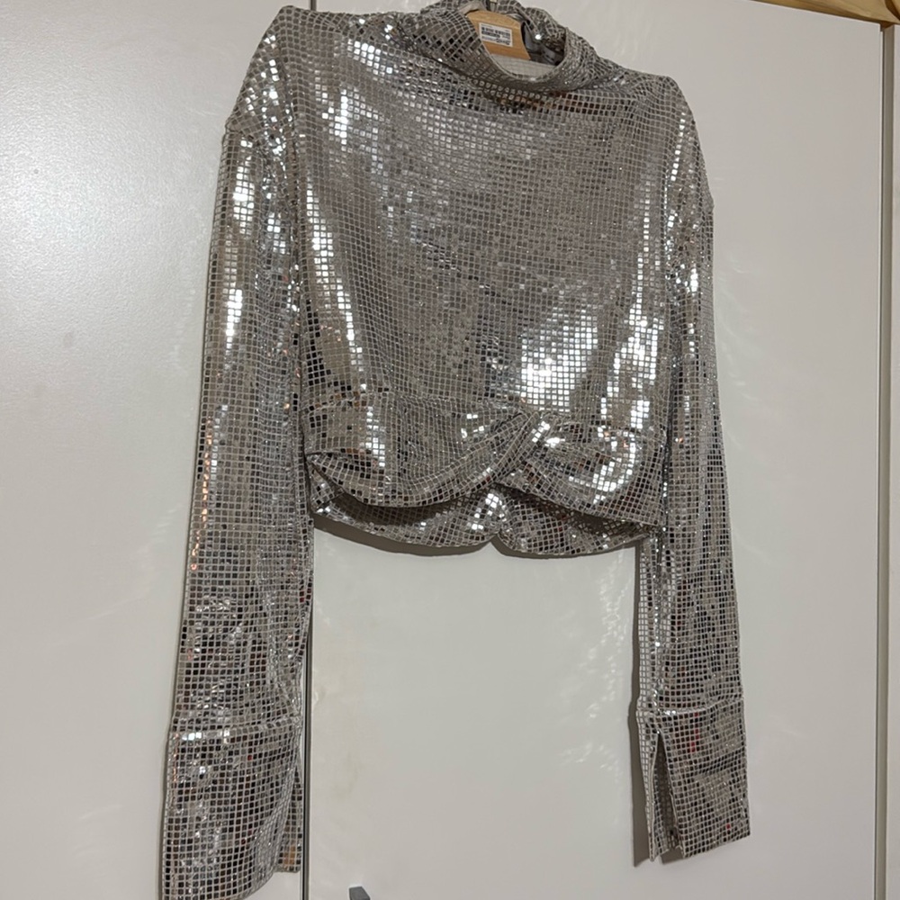 Zara Silver Metallic shiny high neck Crop Top